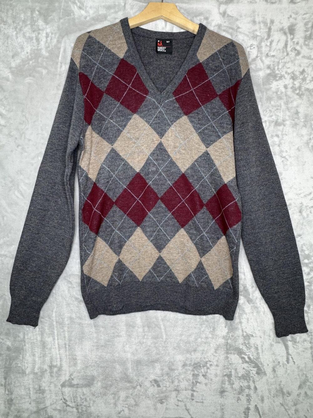 Vintage Robert Bruce Sweater Mens MT Gray Argyle V Neck Made In USA Collegiate